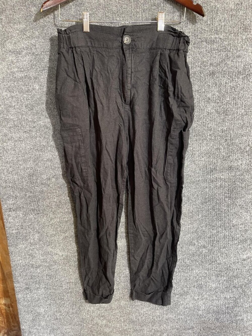 Zara Cargo Pants Womens 6 Black Linen Blend Tapered Elastic Waist Casual Pockets